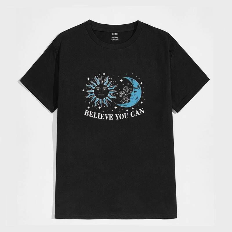 

Men Slogan And Graphic Print Tee, Black
