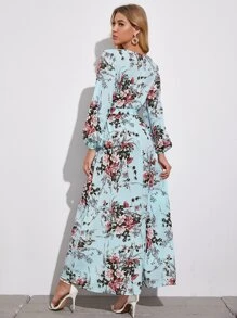 SHEIN Clasi Surplice Neck Self Belted Botanical Print Dress - Baby Blue - View 2