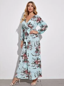SHEIN Clasi Surplice Neck Self Belted Botanical Print Dress - Baby Blue - View 4