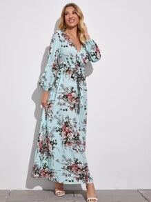 SHEIN Clasi Surplice Neck Self Belted Botanical Print Dress - Baby Blue - View 5