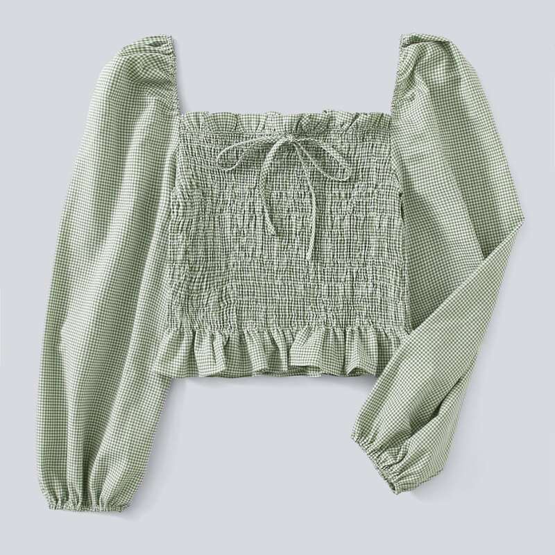 

Plaid Shirred Crop Top, Mint green