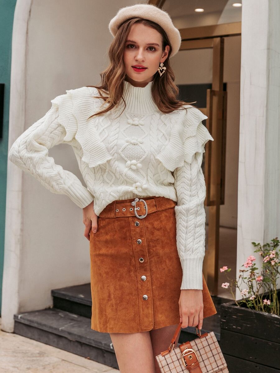 Simplee High Neck Ruffle Trim Pom Pom Cable Knit Jumper - White - View 1