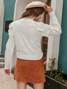 Simplee High Neck Ruffle Trim Pom Pom Cable Knit Jumper - White - View 2