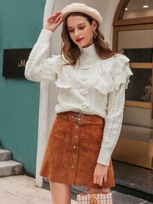 Simplee High Neck Ruffle Trim Pom Pom Cable Knit Jumper - White - View 3