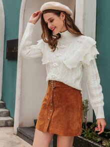 Simplee High Neck Ruffle Trim Pom Pom Cable Knit Jumper - White - View 4