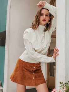 Simplee High Neck Ruffle Trim Pom Pom Cable Knit Jumper - White - View 6