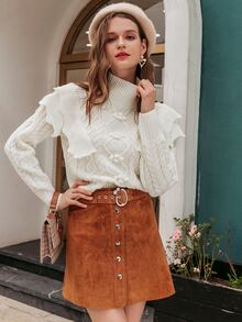 Simplee High Neck Ruffle Trim Pom Pom Cable Knit Jumper - White - View 7