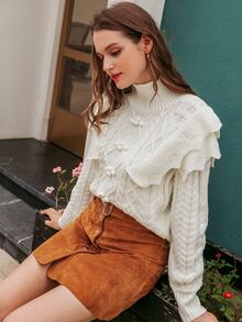 Simplee High Neck Ruffle Trim Pom Pom Cable Knit Jumper - White - View 8