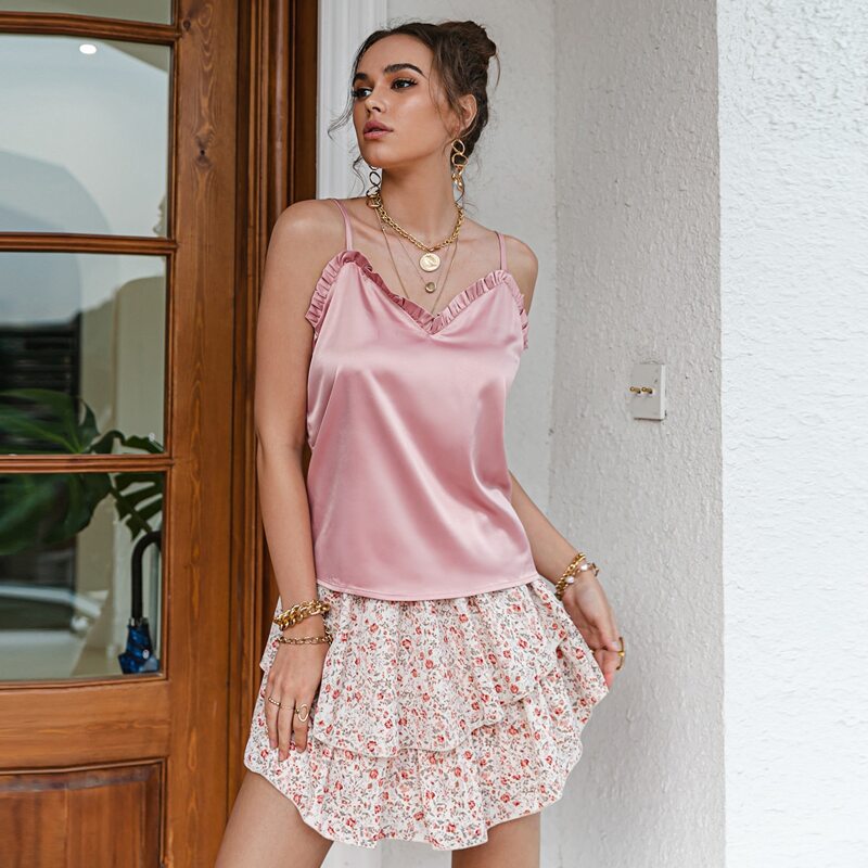 

Frill Trim Satin Cami Crop Top, Dusty pink