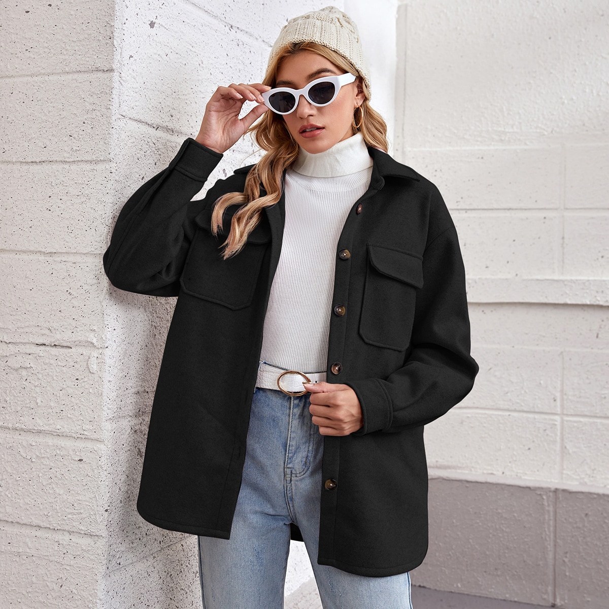 Image of Flap Pocket Patched Curved Hem Overcoat