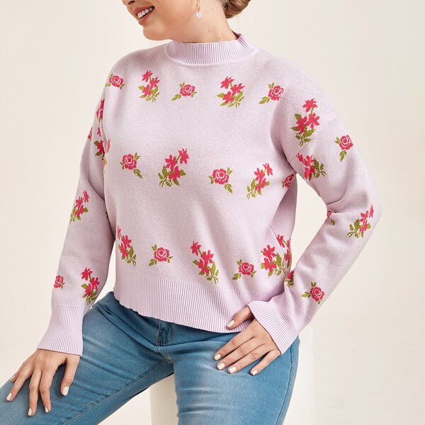 

Plus Drop Shoulder Floral Pattern Sweater, Baby pink