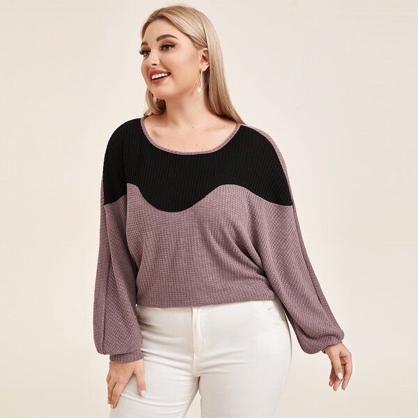 

Plus Lantern Sleeve Colorblock Waffle Knit Tee, Dusty pink