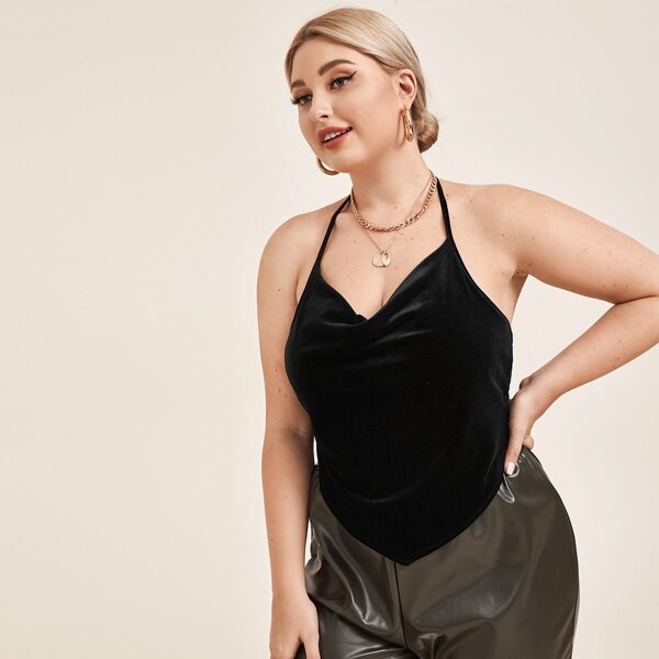 

Plus Asymmetrical Hem Tie Back Velvet Halter Top, Black