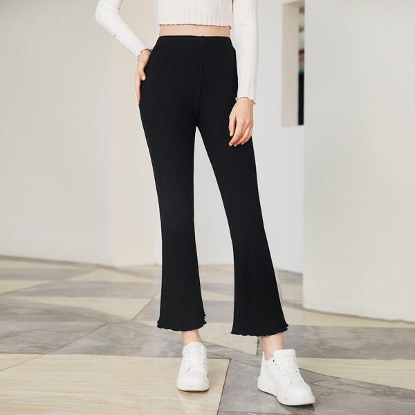 

Lettuce Trim Rib-knit Flare Leg Pants, Black