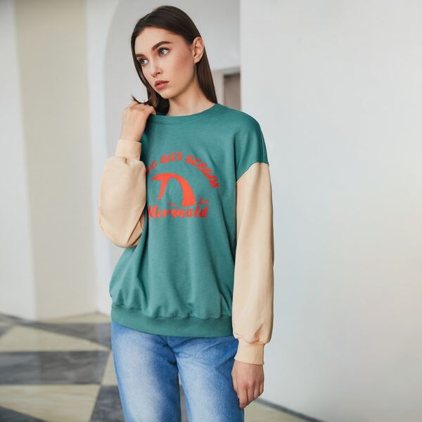 

Drop Shoulder Slogan Graphic Colorblock Pullover, Cadet blue