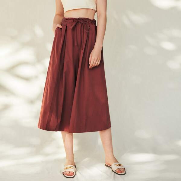 

Drawstring Waist Wide Leg Capris, Redwood