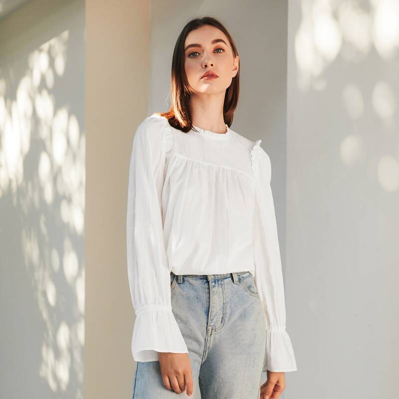 

Ruffle Trim Flounce Sleeve Solid Top, White