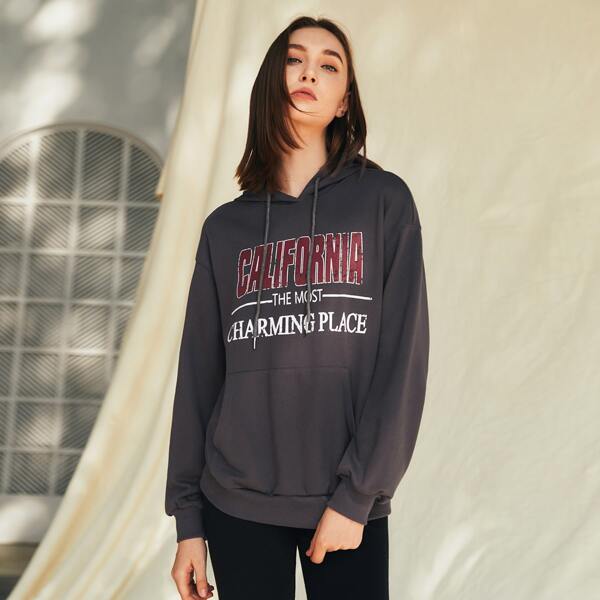 

Pouch Pocket Slogan Graphic Hoodie, Dark grey
