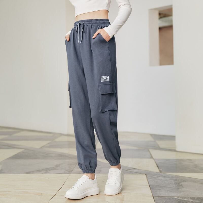

Letter Graphic Flap Pocket Drawstring Joggers, Grey
