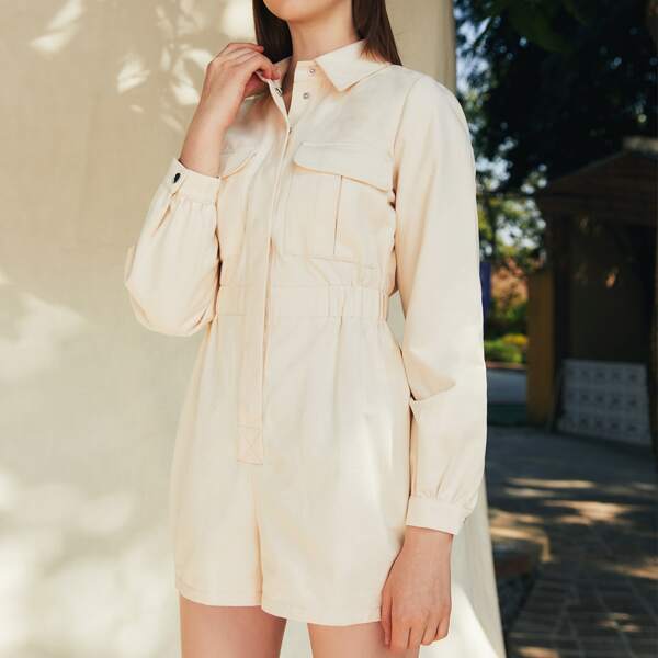 

Single Breasted Flap Pocket Shirt Romper, Apricot