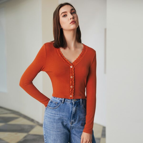 

Single Breasted Lace Panel Tee, Burnt orange