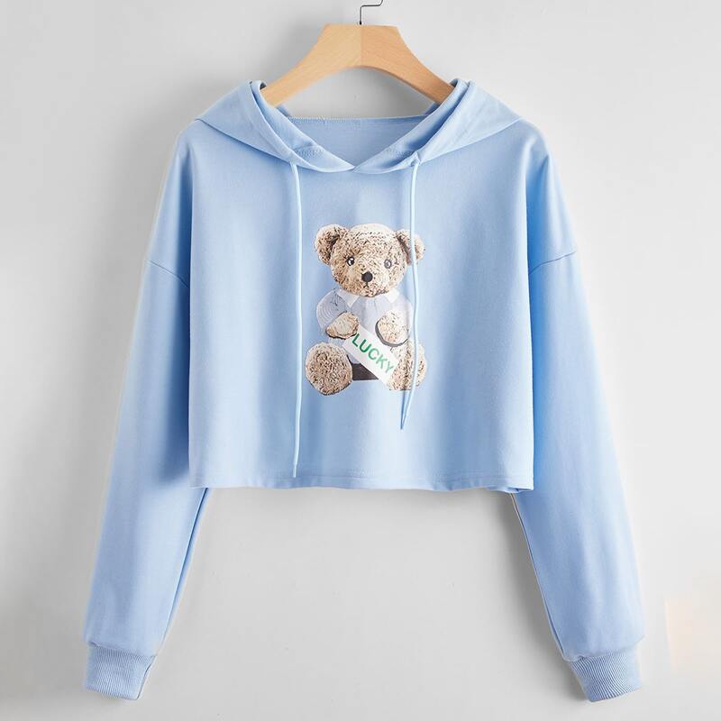 

Cartoon Bear Drawstring Hoodie, Baby blue