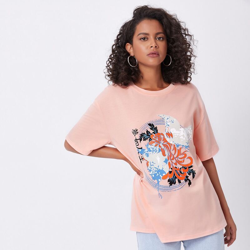 

Floral & Letter Graphic Oversized Tee, Coral pink