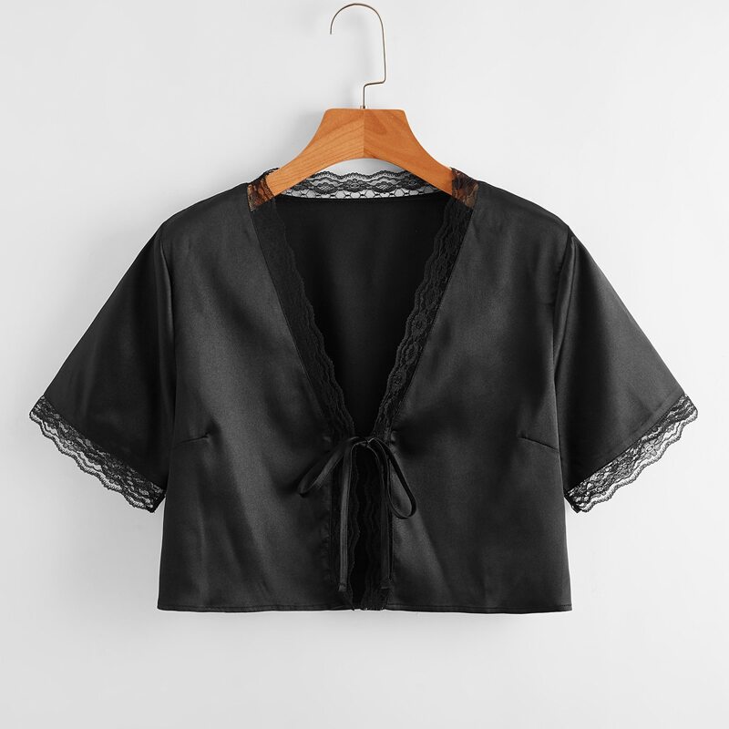 

Contrast Lace Satin Crop Top, Black