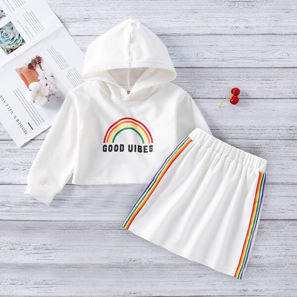 

Toddler Girls Rainbow & Slogan Graphic Hoodie & Side Stripe Skirt, White