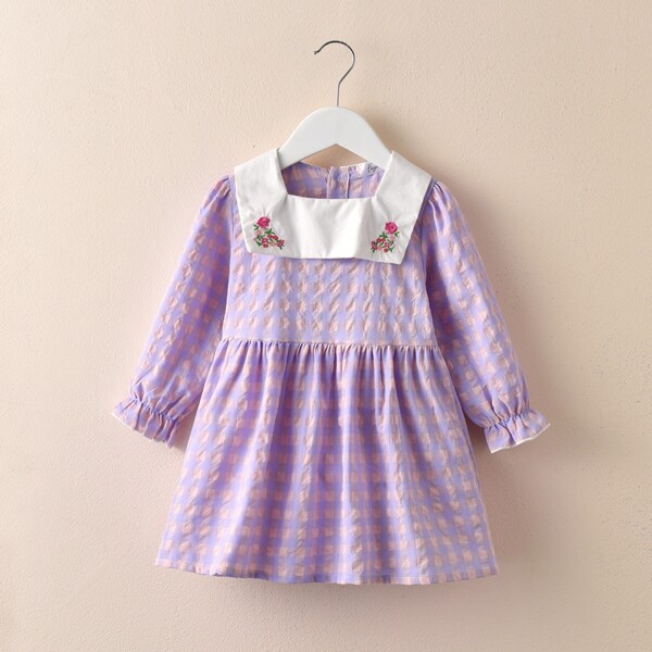 

Toddler Girls Floral Embroidered Gingham Smock Dress, Lilac purple