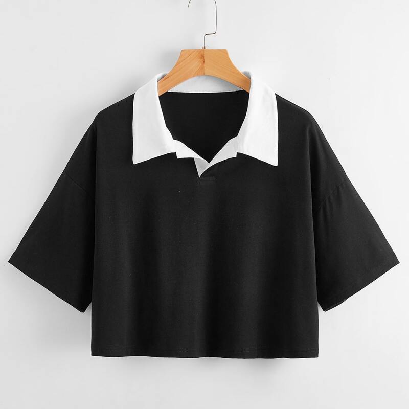 

Contrast Collar Crop Tee, Black