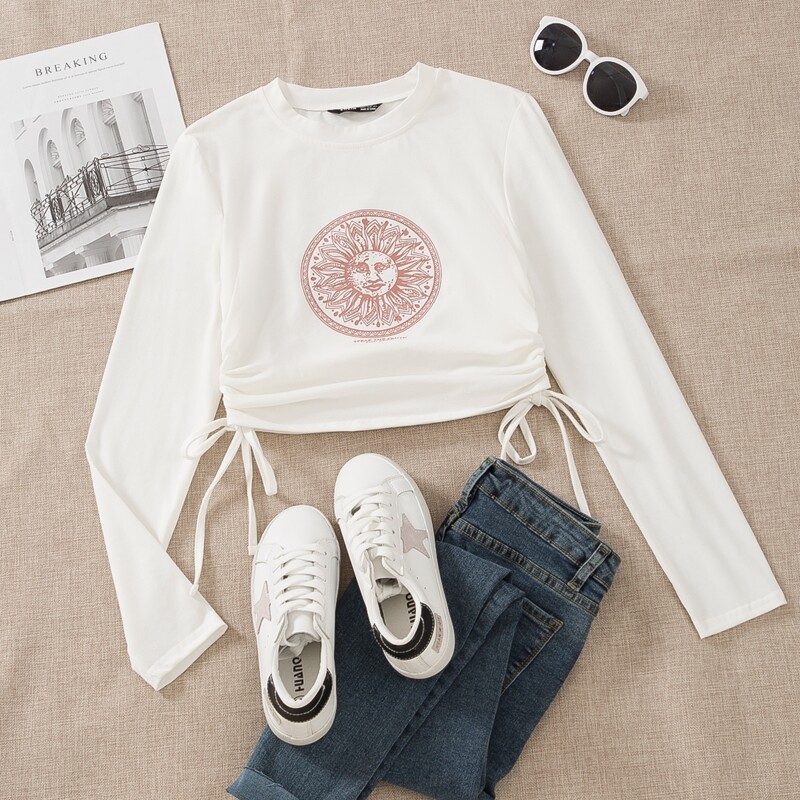 

Sun Print Knot Side Crop Tee, White