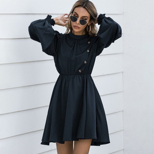 

Solid Button Front Keyhole Back Dress, Navy blue