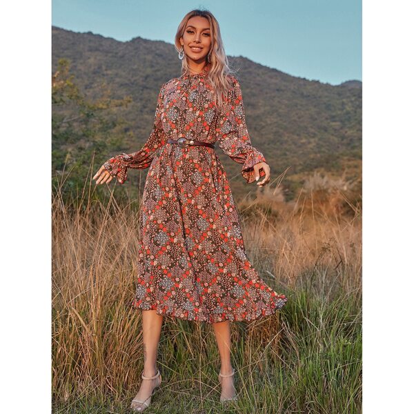 

All Over Floral Print Flounce Sleeve Dress Without Belt, Multicolor