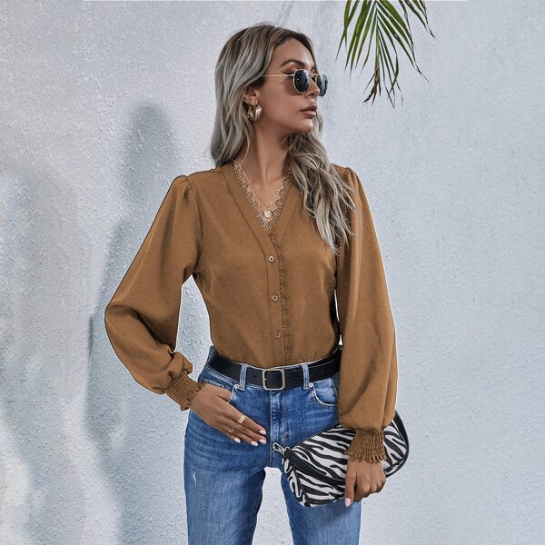 

Contrast Guipure Lace Button Front Puff Sleeve Blouse, Camel