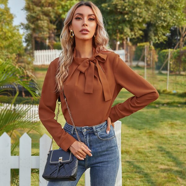 

Tie Neck Solid Blouse, Rust brown
