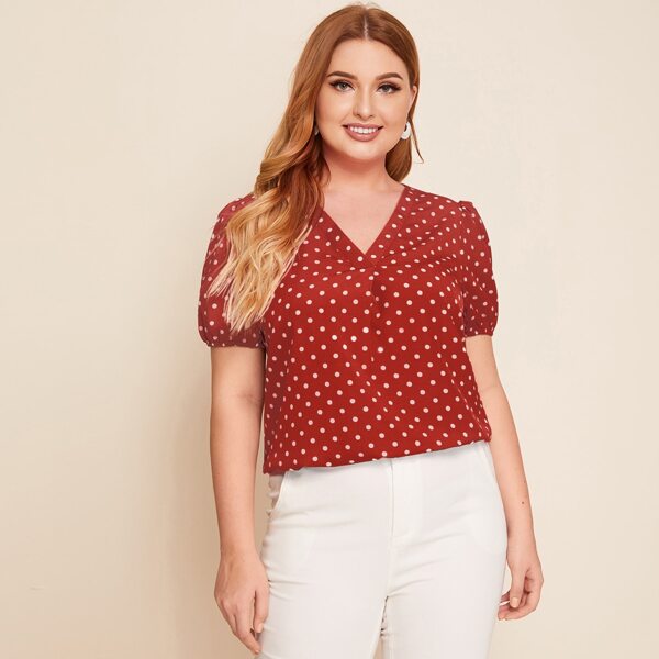 

Plus V-neck Puff Sleeve Polka Dot Top, Red