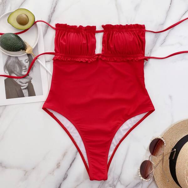 

Frill Trim Bandeau One Piece Swimsuit, Red