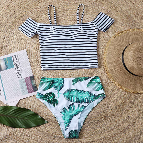 

Tropical & Striped Print Mix & Match Bikini Swimsuit, Multicolor