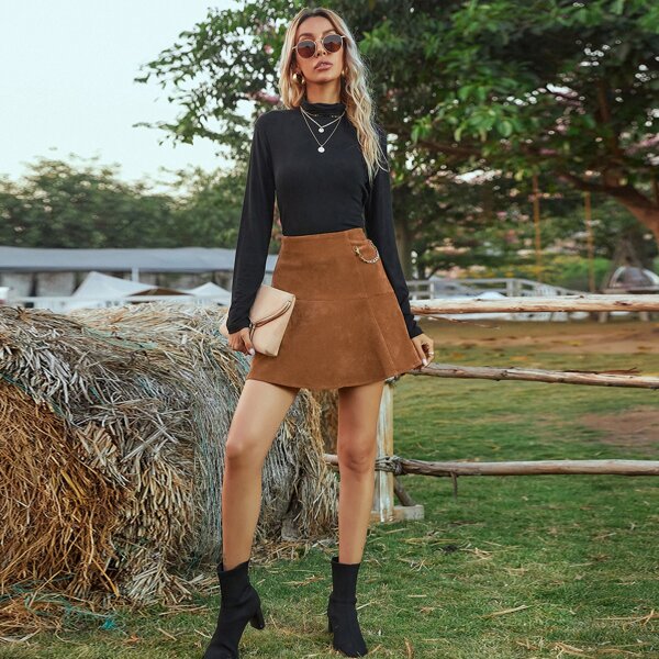 

Chain Detail Corduroy A-line Skirt, Brown