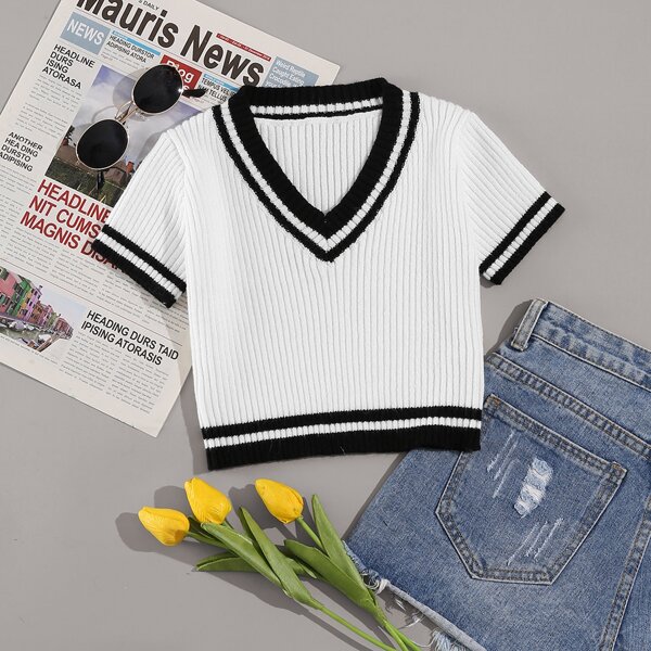 

Striped Ribbed Knit Top, White