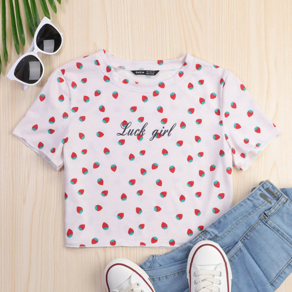 

Strawberry & Letter Graphic Crop Tee, Baby pink