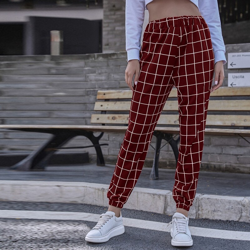 

Elastic Cuff Plaid Sweatpants, Burgundy