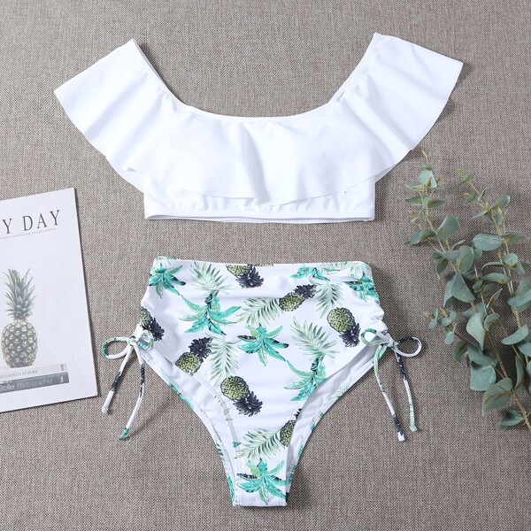 

Tropical & Pineapple Print Flounce Bikini Swimsuit, Multicolor