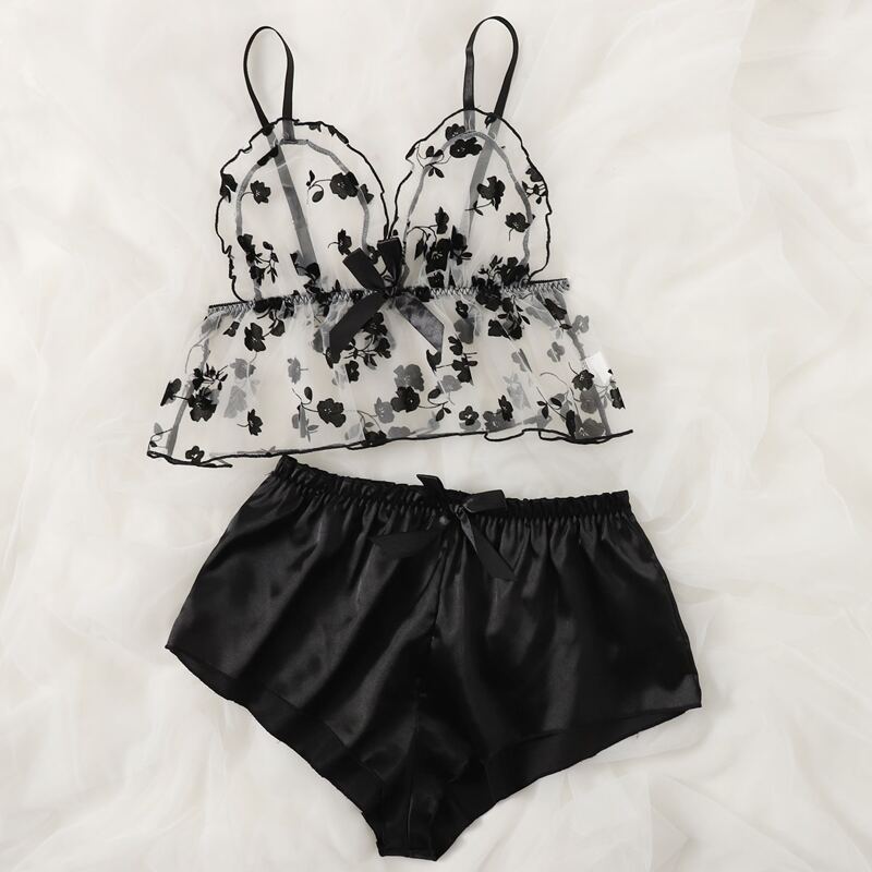 

Contrast Floral Pattern Ruffle Satin Lingerie Set, Black