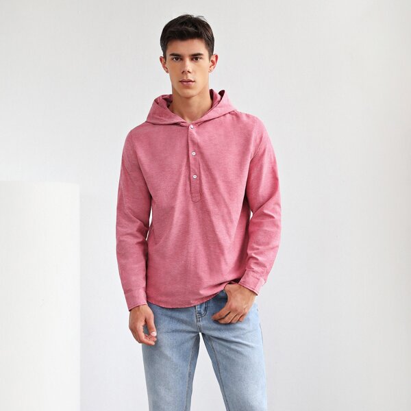 

Men Button Half Placket Hoodie, Pink