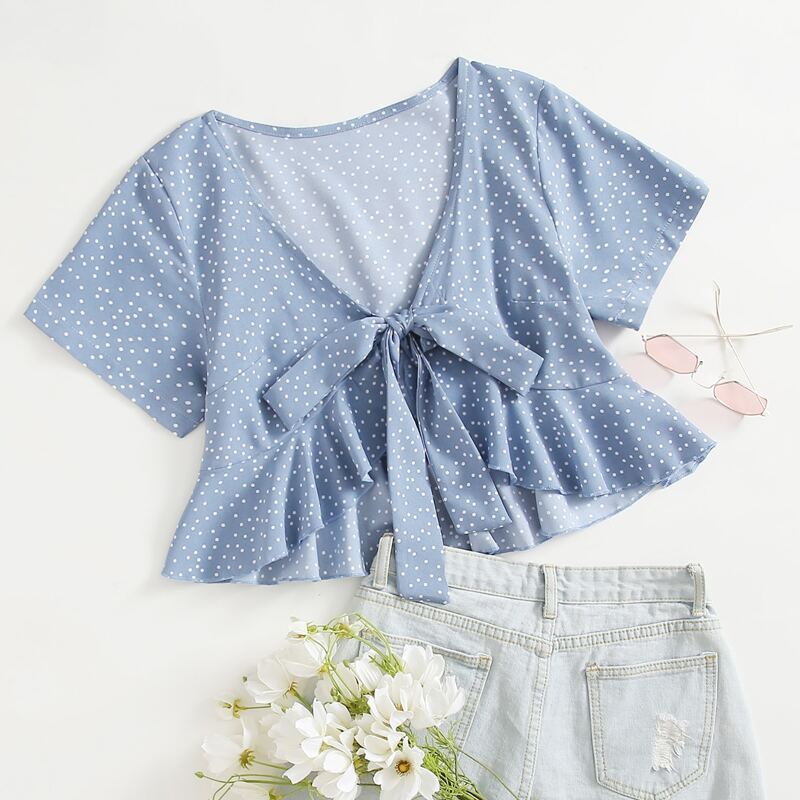 

Polka Dot Tie Front Ruffle Crop Top, Dusty blue