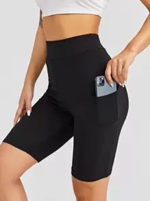 SHEIN Unity Solid Cycling Shorts & Phone Pocket - Black - View 1