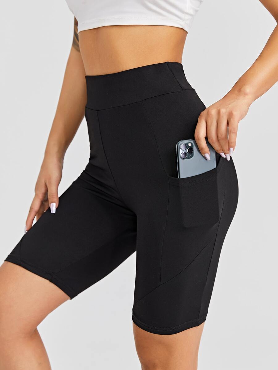 SHEIN Unity Solid Cycling Shorts & Phone Pocket - Black - View 1
