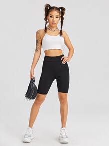 SHEIN Unity Solid Cycling Shorts & Phone Pocket - Black - View 4
